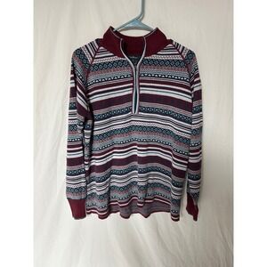 Eddie Bauer Womens XL Quarter Zip Fair Isle Sweater Burgundy Navy Cotton Blend